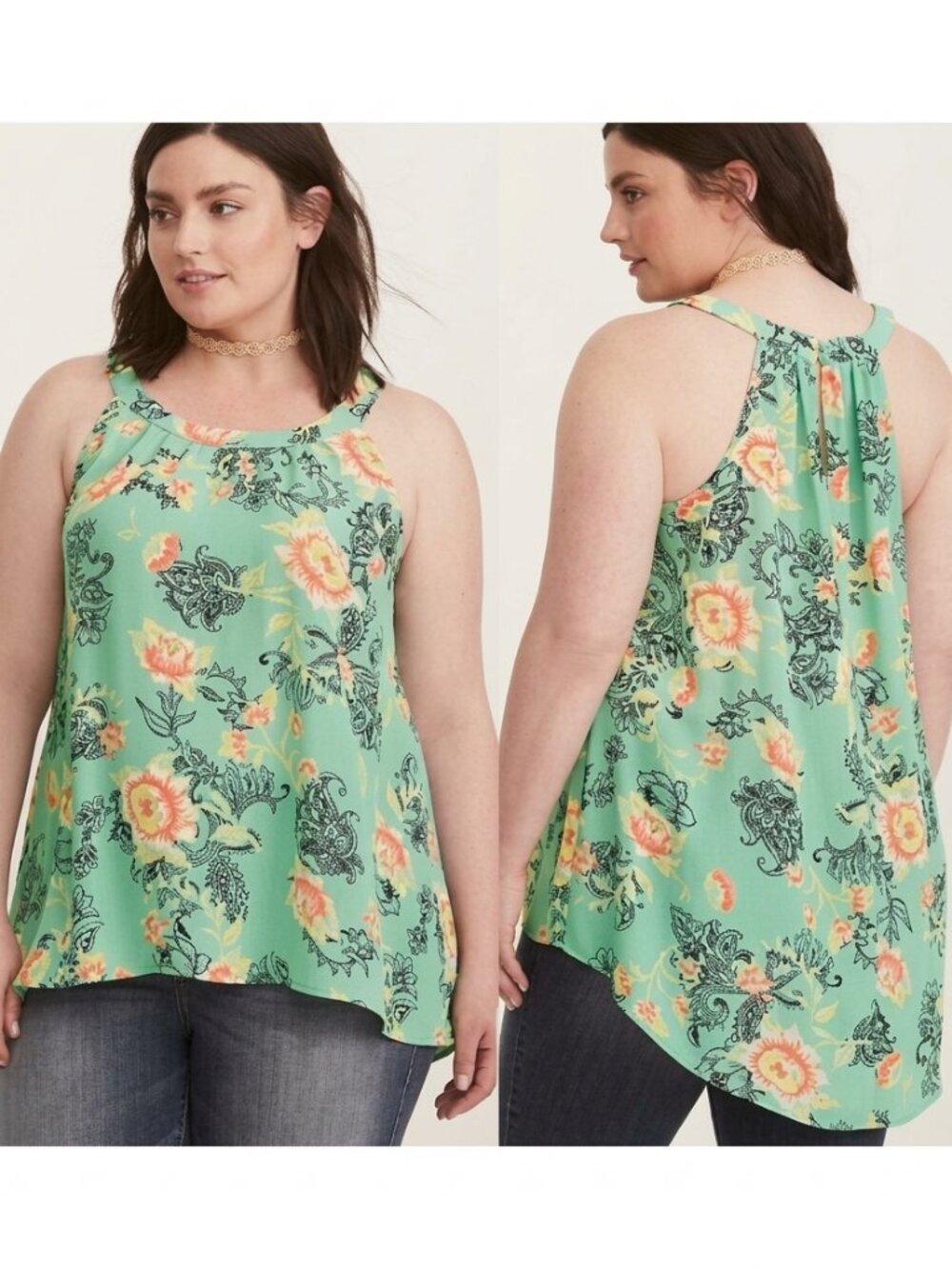 TORRID 1 Plus Size Floral Print Georgette High Neck Tank Top Aqua Green Boho 1X